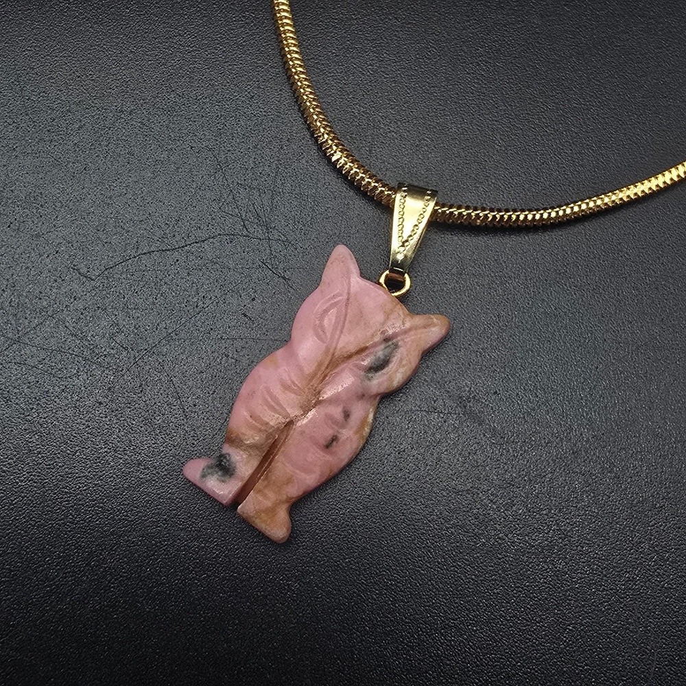 Pink Rhodonite Owl Pendant Necklace Gold Tone Vintage Costume Jewelry